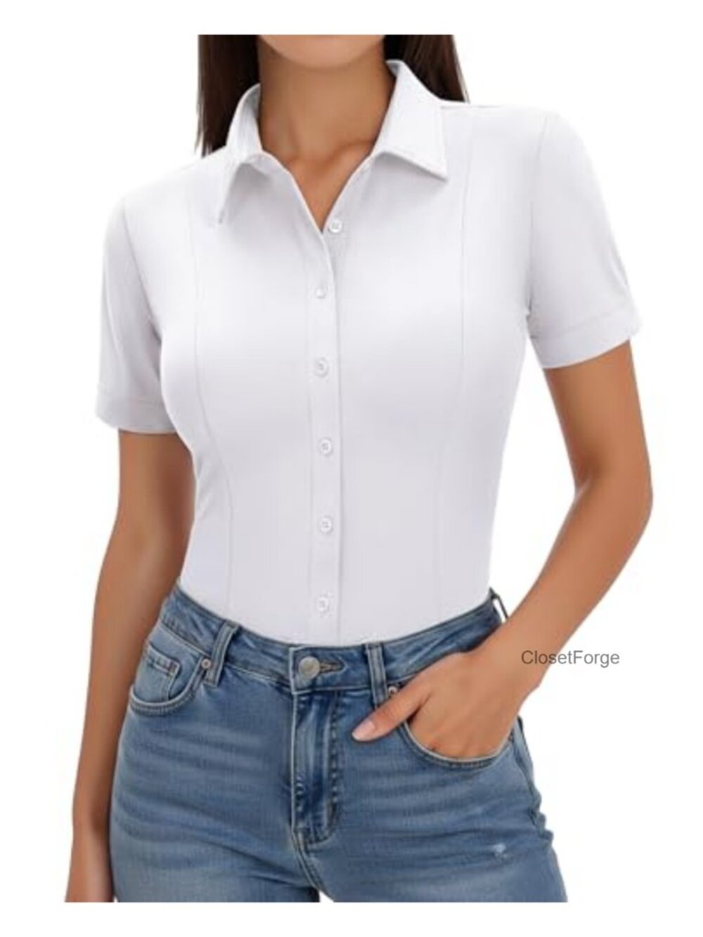 Slim Fit Button Down Shirt Stretch Short Sleeve Wrinkle-Free Work Blouse